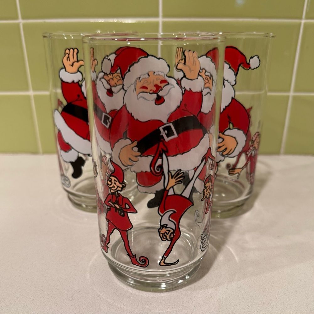 Vintage Dancing Santa Claus & Elves Glasses Set of 3 - Picture 4 of 9